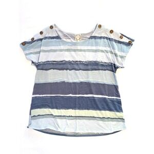 True Self Blue Striped Short Sleeve Button Shoulder Top XL Watercolor Boho Tee